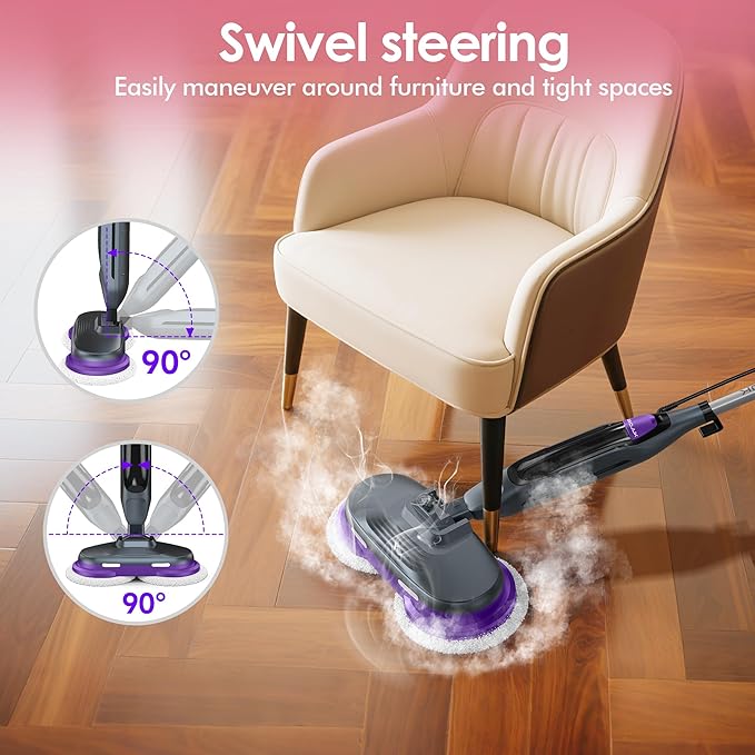 Scrub & Steam Mop with Rotating Mop Pads, LED Headlights, 6 Scrub Pads, Large Tank, Swivel Steering, Effortless Scrubbing Hard Floor Cleaner Upgraded