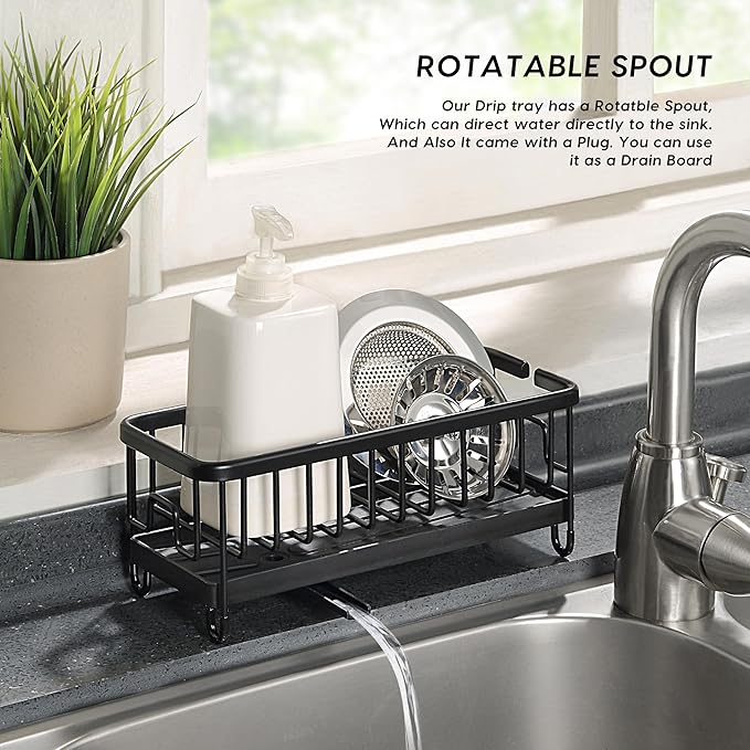 SunnyPoint Never Rust Aluminum Utensil, Sink Cleaning Tools Holder for Kitchen Sink with Drain Board; Dish Wand, Sponge, Soap Dispenser, Utensil Organizer Caddy (BLK)