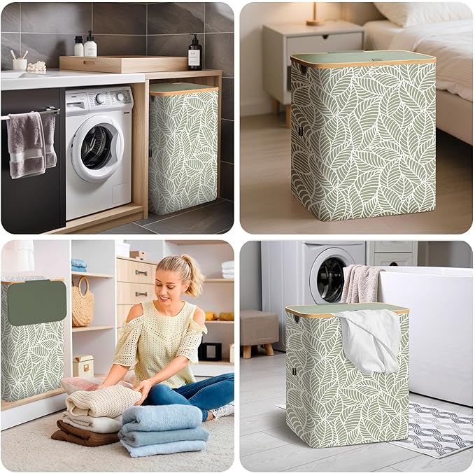 BALEINE Laundry Hamper with Lid, Tall Laundry Baskets with Bamboo Pull Handles, Large Laundry Bin with Internal Support (36 Gal/140L, Antique Foliage)