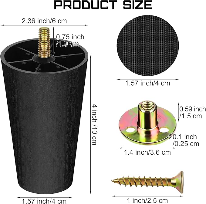 TURSTIN 16 Pack 4 Inch Plastic Furniture Legs with M8 T-Nuts Screws Tapered Sofa Couch and Chair Legs Replacement Furniture Legs for DIY Projects Sofas Coffee Tables Dressers Beds