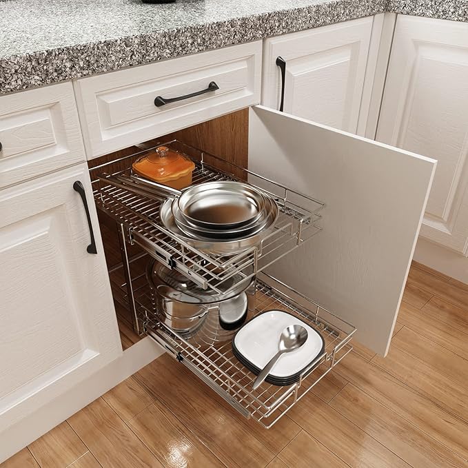 ROOMTEC Individual Pull Out Cabinet Organizer (14½" W x 21½" D), 2 Tier Spice Rack Organizer for Cabinet, Slide Out Drawer Pantry Shelf Organization and Storage for Kitchen Bathroom