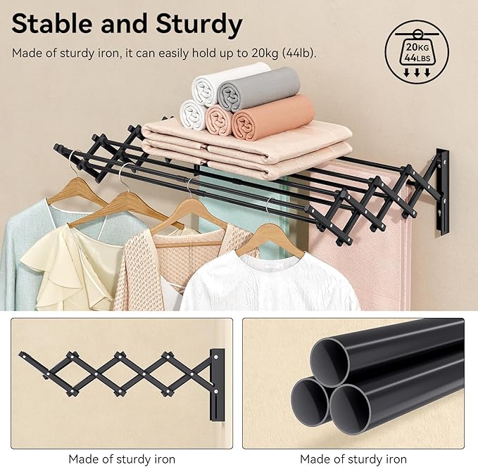 APEXCHASER Clothes Drying Rack Wall Mount, Laundry Drying Rack, Accordion Collapsible Clothes Airer, Towel Racks for Bathroom Balcony Laundry Room Wall Mounted, Drying Rack for Clothing, Black