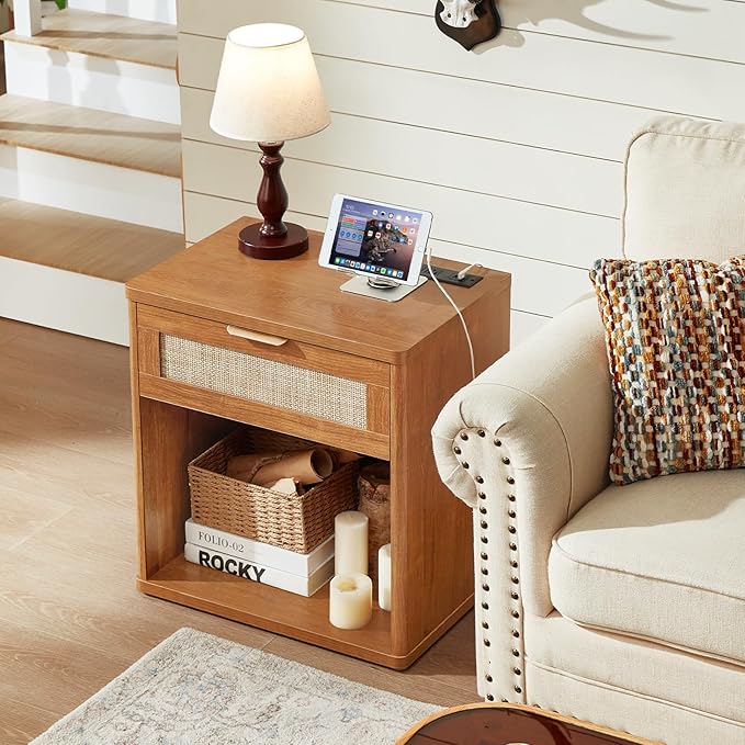 LEYAOYAO Rattan Nightstand with Charging Station, 23" Wide Boho Night Stand with Drawer, Natural Wood Bedside Table Open Storage Cabinet, Bed Side End Tables Dresser for Bedroom, Living Room, Hallway