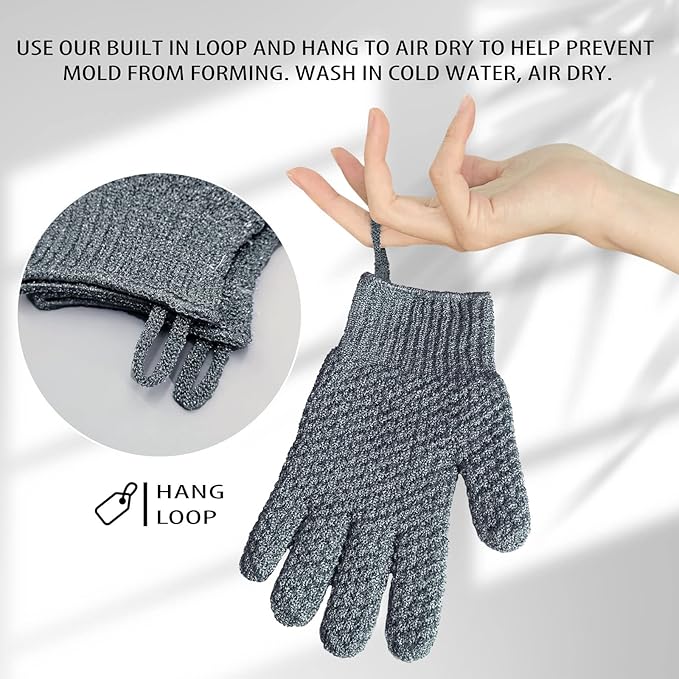 Evridwear Exfoliating Dual Texture Bath Gloves for Shower, Spa, Massage and Body Scrubs, Dead Skin Cell Remover, Gloves with Hanging Loop (1 Pair Gray Heavy Glove)