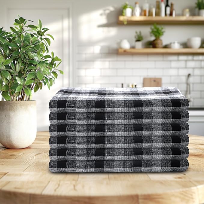 Kitchen Towels Set of 6 Black/White Checks 20x30 Inches 100% Cotton Highly Absorbent Kitchen Towels Premium Quality Ultra Soft Mitered Corners