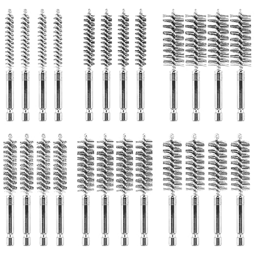 24 pcs Bore Brush for Drill, Stainless Steel Wire Cleaning Brush Set, Abrasive Wire Bore Brushes Set with 1/4 Inch Hex Shank for Rust, Cleaning Tubes (8/10/12/15/17/19MM)