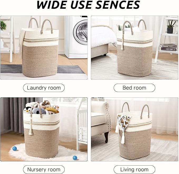 Woven Laundry Basket for Clothes, 50 L Large Rectangle Laundry Hampers with Beads Tassel, Nursery Storage Basket for Toys, Tall Dirty Clothes Hamper for Bedroom Aesthetic, Laundry Room Organization