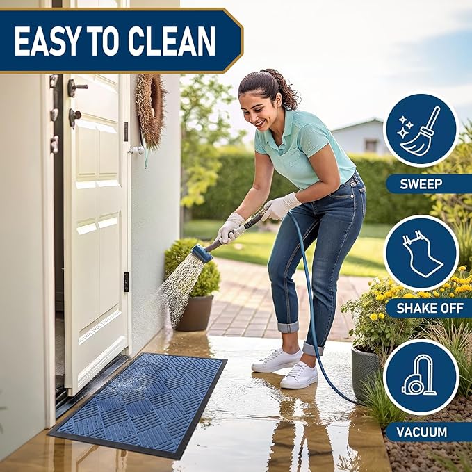 Smiry Front Door Mat Outside Entrance, Heavy Duty Outdoor Indoor Natural Rubber Doormat, Non Slip, Trap Dirt and Moisture, Easy Clean, Low Profile Patio Porch Entryway Mat, 29.5x17, Blue