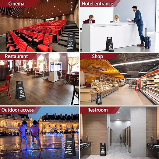 Kigley 2 Pcs Wet Floor Sign, 24 Inch Stainless Steel Caution Wet Floor Sign Double Sided Portable Foldable Bilingual Safety Warning for Hotel Market Restroom Restaurant Office (Black)