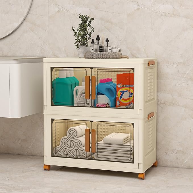 Plastic Stackable Storage Bins with Lids and Wheels, Closet Organizers and Storage Containers for Bathroom, Collapsible Clear Drawer Storage Cabinet with Doors 38Gal 2Tiers