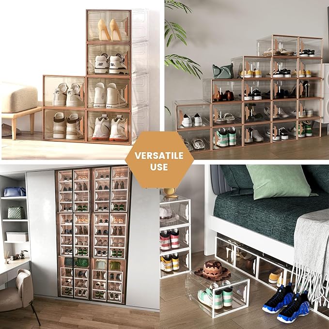 Shoe Storage Boxes Stackable, X-Large Plastic Clear Shoe Organizers with Magnetic Door, Thicken & Sturdy Sneaker Containers, Toy Storage Organizer Bins for Entryway, Closet, Under Bed