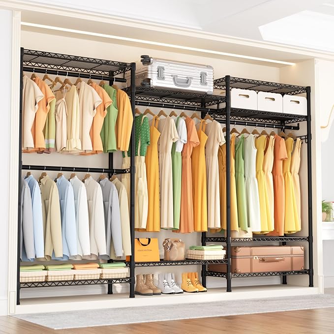 Heavy Duty Garment Rack Large Clothes Rack,Freestanding Closet Portable Clothing Rack with 8 Adjustable Wire Shelves and 4 Hang Rods,Metal Closet Storage Wardrobe Organizer System,Max Load 800lbs