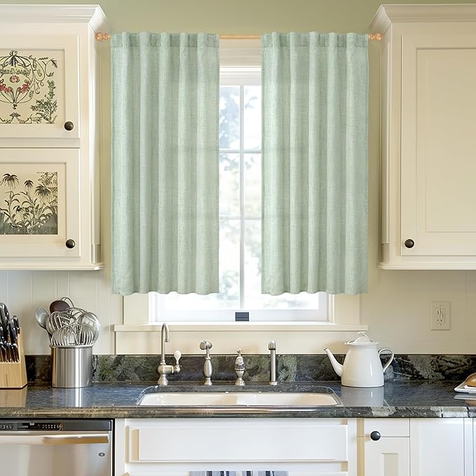 YoungsTex Sage Green Short Linen Curtains 48 Inch Length for Kitchen, Semi Sheer Small Window Drapes Rod Pocket Back Tab Light Filtering for Living Room Cafe Spring Decor, 2 Panels, 42 X 48 Inch