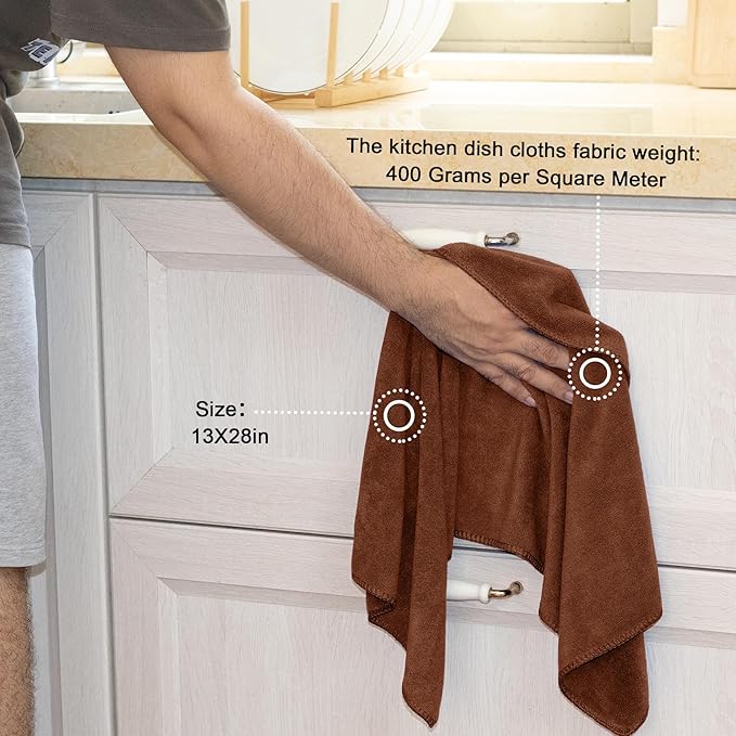 kimteny 13x28 Inches Kitchen Cloth Dish Towels, 400 GSM Premium Dishcloths, Super Absorbent Coral Velvet Microfiber Cleaning Cloths, Fast Drying Rags for Washing Dishes (8 Pack, Brown)