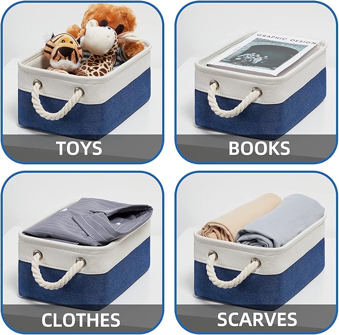 Temary Small Storage Baskets for Shelves, 6 Pcs Empty Gift Baskets for Organizing Clothes, Books, Fabric Storage Bins with Rope Handles (White&Blue,11.8 L x 7.9 W x 5.3 H inches)
