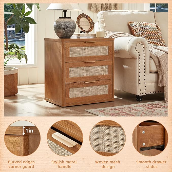 LEYAOYAO Rattan Night Stand Set of 2 with Drawers, 23" Large 3 Drawer Boho Nightstand, Natural Wood Bedside Table Storage Cabinet, Bed Side End Tables Dresser for Bedroom, Living Room, Hallway, Closet