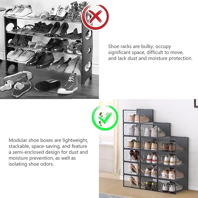 12 Pack Large Modular Clear Plastic Stackable Shoe Storage Organizer for Closet, Space Saving Versatile Sneaker Shoe Rack Containers Bins Holders, Portable Closet Organizers and Storage, Black