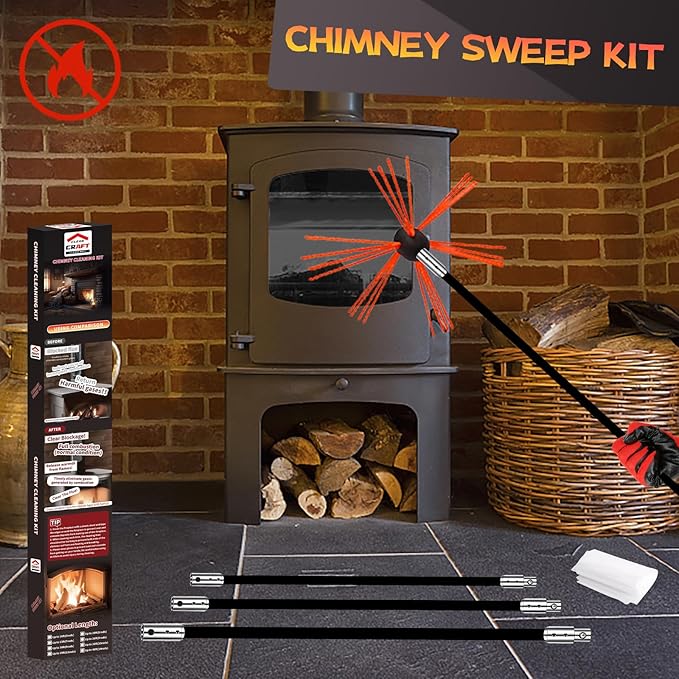 33 Feet Chimney Sweep Kit, Chimney Cleaning Kit with 10 Flexible Black Chimney Rods, Chimney Brush for Sweeping Fireplace, Rotary Chimney Cleaning System Driven by Drill