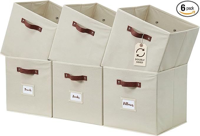 DECOMOMO Storage Bins, Cube Storage Bin with Labels, Fabric Storage Cubes for Shelves (10.5" x 11" / 6pcs, Beige)