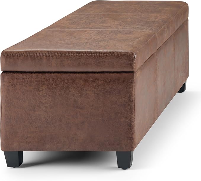 SIMPLIHOME Avalon 48 inch Wide Contemporary Rectangle Storage Ottoman Bench in Distressed Umber Brown Vegan Faux Leather, Assembled, For the Living Room, Entryway and Family Room