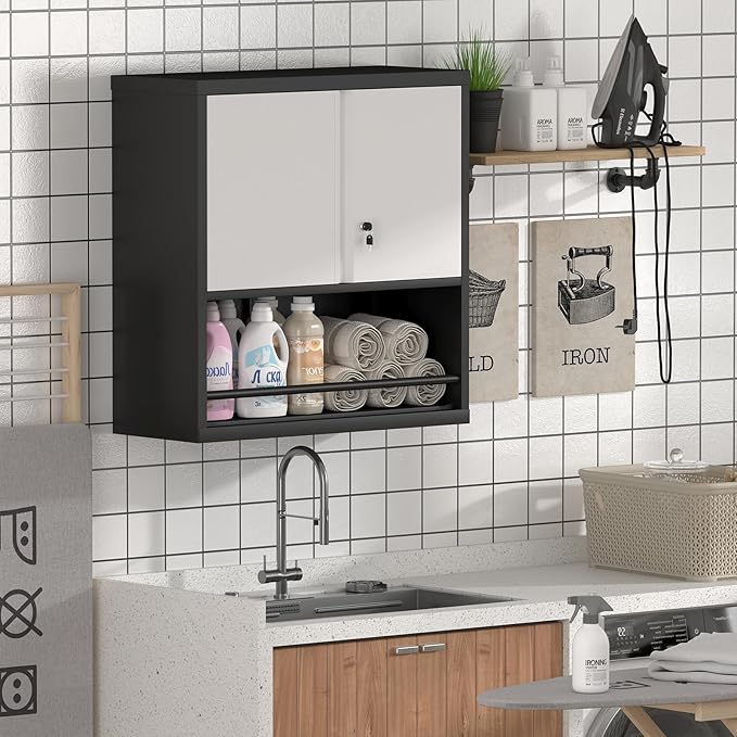 Metal Garage Cabinets, Lockable Storage Cabinet, Metal Cabinet with Open Storage, Upper Tool Cabinet for Basement, Wall Mounted Cabinets for Shop