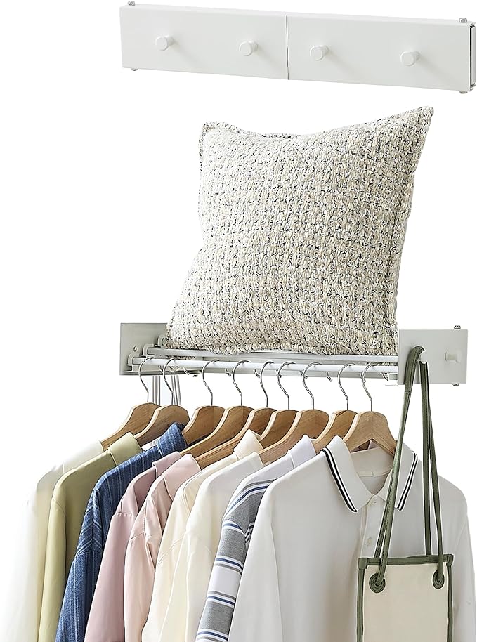 Clothes Drying Rack, Laundry Hanger Dryer Rack, Wall Mounted Drying Rack for Laundry, Foldable Drying Rack Indoor Outdoor,19.7" Wide,4 Aluminum Rods with Hooks, 40 lb Capacity (White 19.7" Hooks)