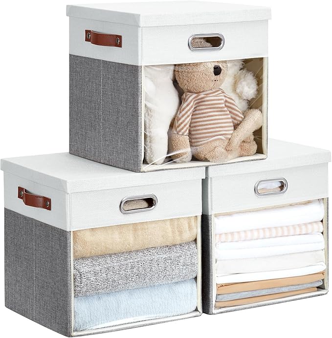 Fabric Storage Cubes with Clear Windows and Lids, 13'' Foldable Storage Bins with 3 Handles, Decorative Storage Boxes for Home, Bedroom, Closet, Office (Gray & White)
