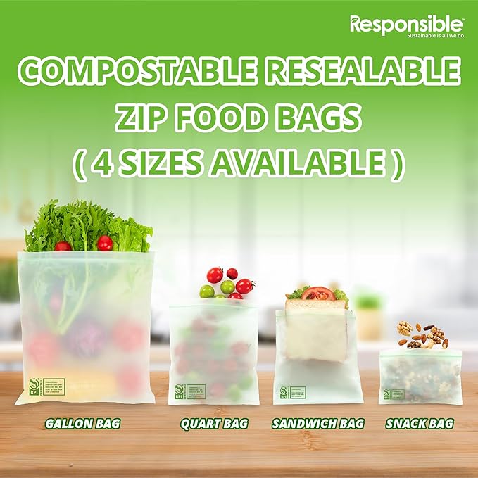 Responsible Products Certified Compostable SANDWICH Resealable Zip Bag, Extra Strength Food Bags, Plant-Based Freezer-Safe (30 Pack)