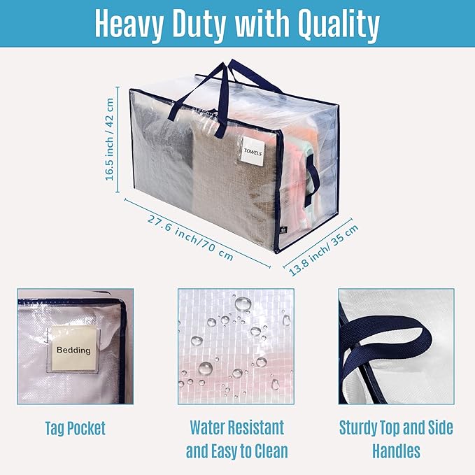 VENO 4 Pack Moving and Storage Bags, Heavy Duty, Alternative to Moving Boxes, Large Packing Totes Supplies for College Dorm Room with Zipper for Clothes, Wide Open Design (Clear, 4 Pack)