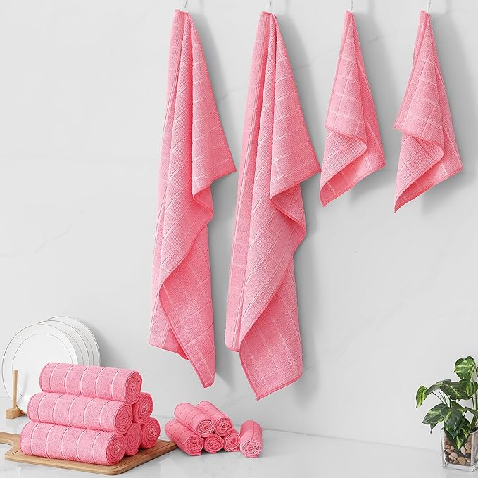 Homaxy Microfiber Kitchen Towels and Dishcloths Set, 16 Pack Soft and Absorbent Dish Hand Towels Bulk, 28 x 16 Inch & 12 x 12 Inch Quick Drying Rags for Washing Dishes, Pink