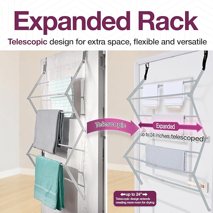BLACK+DECKER Over The Door Expandable Telescopic Drying Rack, Clothes Organizer, Towel Hanger, Laundry, Collapsible, Silver