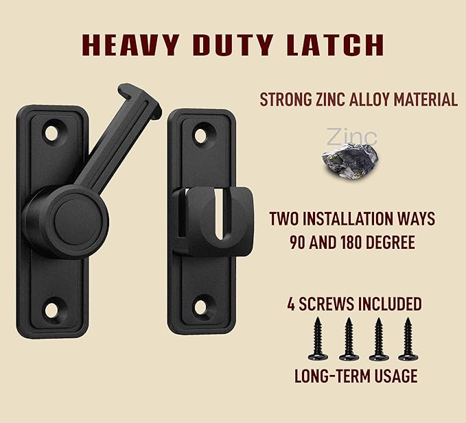 Barn Door Privacy Latch, 90°/180° Swing Slide Lock, Zinc-Alloy, Adhesive or Screw Mount, Interior Use for Bathroom/Bedroom/Closet/Shed, Includes Screws & Glue - Black