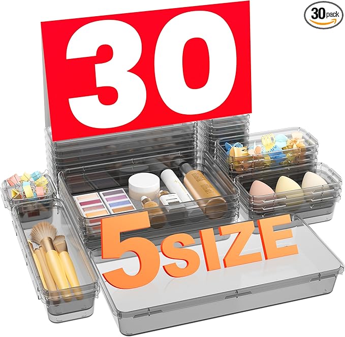 【Military Grade】 Drawer Organizer, 【𝟱𝗦𝗶𝘇𝗲】 Clear Makeup organizer, 【Holds 177 Items】 Bathroom Organizers and Storage, Plastic Desk Organizer Divider, Organizer Bins for Office Vanity A-LUGEI