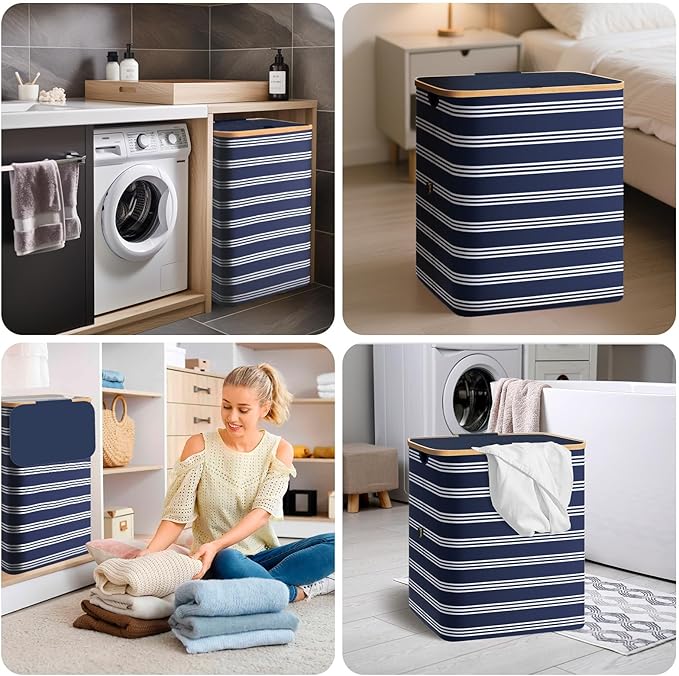 BALEINE Laundry Hamper with Lid, Tall Laundry Baskets with Bamboo Pull Handles, Large Laundry Bin with Internal Support (26 Gal/100L, Blue Pinstripe)
