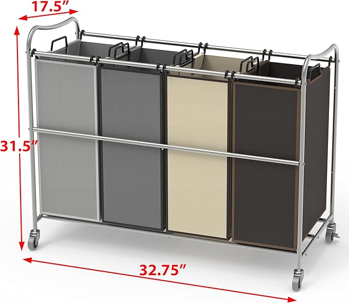 Simple Houseware 4-Bag Heavy Duty Laundry Sorter Rolling Cart, Silver/Assorted