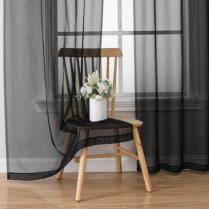 Chyhomenyc Black Sheer Curtain 72 Inches Length 2 Panels, Voile Top Dual Rod Pockets Light Filtering Airy Window Treatment Drapes for Living Room/Bedroom, Each 42Wx72L