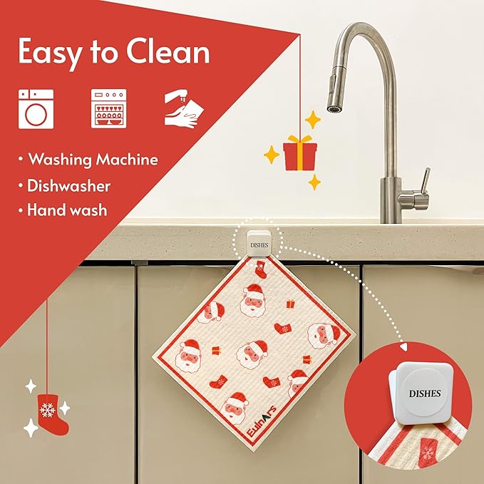 Reusable Paper Towels, Christmas Swedish Dishcloths for Kitchen 8-Pack, Non-Scratch Swedish Dish Towels, Super Absorbent Cellulose Dish Cloths, No Odor Cleaning Rags