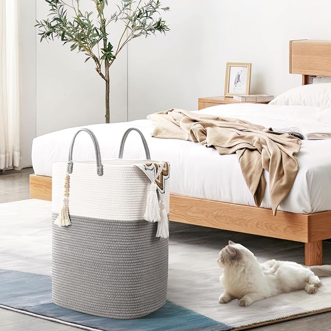 Woven Laundry Basket for Clothes, 100L Large Rectangle Laundry Hampers with Beads Tassel, Nursery Storage Basket for Toys, Tall Dirty Clothes Hamper for Bedroom Aesthetic, Laundry Room Organization