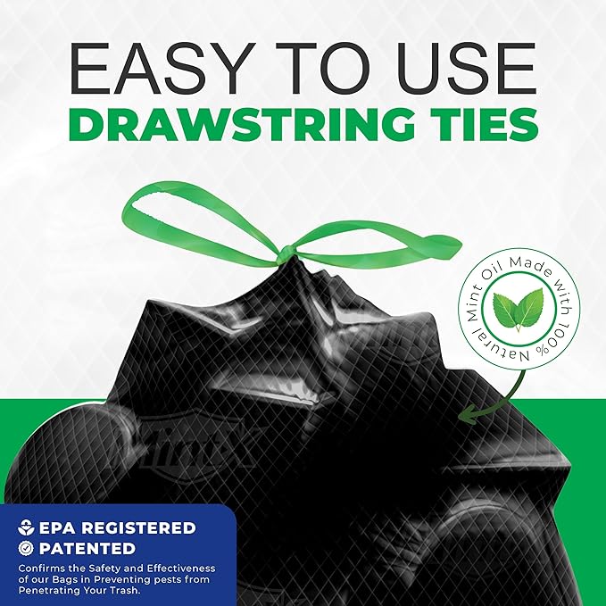 Mint-X Rodent Repellent Outdoor Home and Industrial Trash Bags with Drawstring & Mint-Flex Technology; 33 Gallon, 90 Count, Black