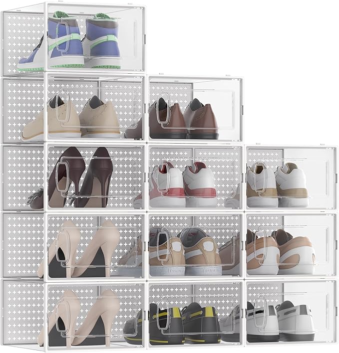 12 Pack X-Large Modular Clear Plastic Stackable Shoe Storage Organizer for Closet, Portable Space Saving Versatile Sneaker Shoe Rack Containers Bins Holders, White0303