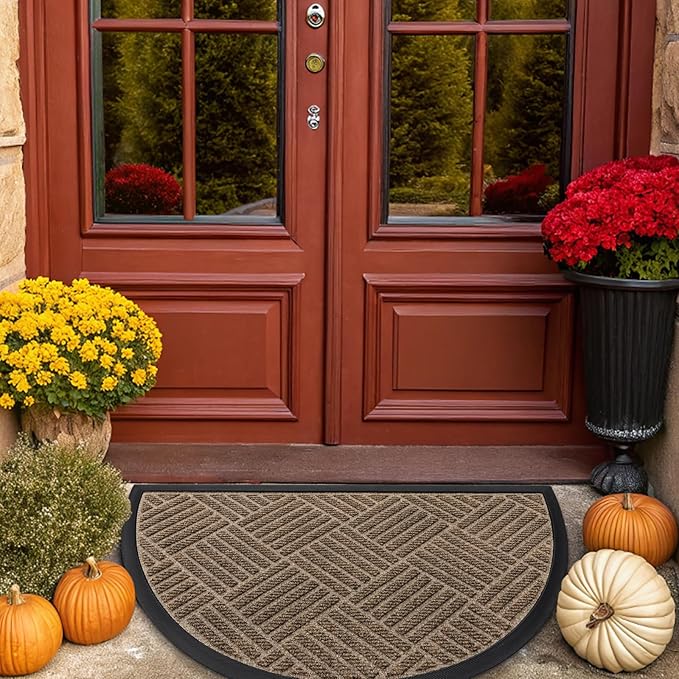 Smiry Half Circle Front Door Mat Outside Entrance, Heavy Duty Outdoor Indoor Natural Rubber Doormat, Non Slip, Trap Dirt and Moisture, Easy Clean, Low Profile Patio Porch Entryway Mat, 29.5x17, Brown
