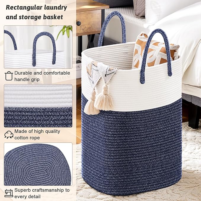 Laundry Basket,Woven Cotton Rope Laundry Hamper,Versatile Storage for Dirty Clothes,Baby Toys,and Blankets in Bathroom, Nursery,and Living Room (Blue, 80L)