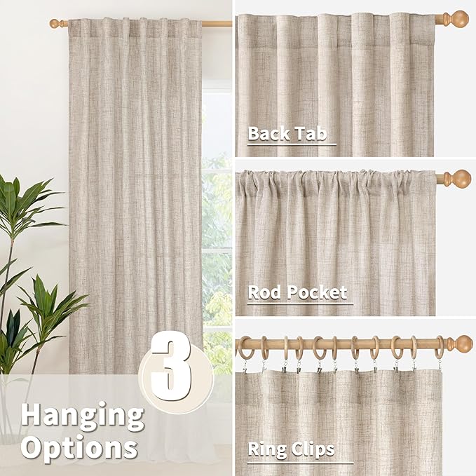 YoungsTex Short Natural Linen Curtains 54 Inch Length for Windows, Semi Sheer Drapes Light Filtering with Rod Pocket Back Tab for Kitchen Bathroom Bedroom, 42 X 54 Inch, 2 Panels