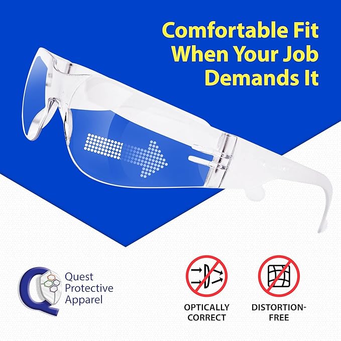 Quest Protective Apparel Safety Glasses for Men and Women - Anti Fog Safety Goggles for Shooting, Lab, or Construction – Polycarbonate Eye Protection [Clear & Pack of 6]