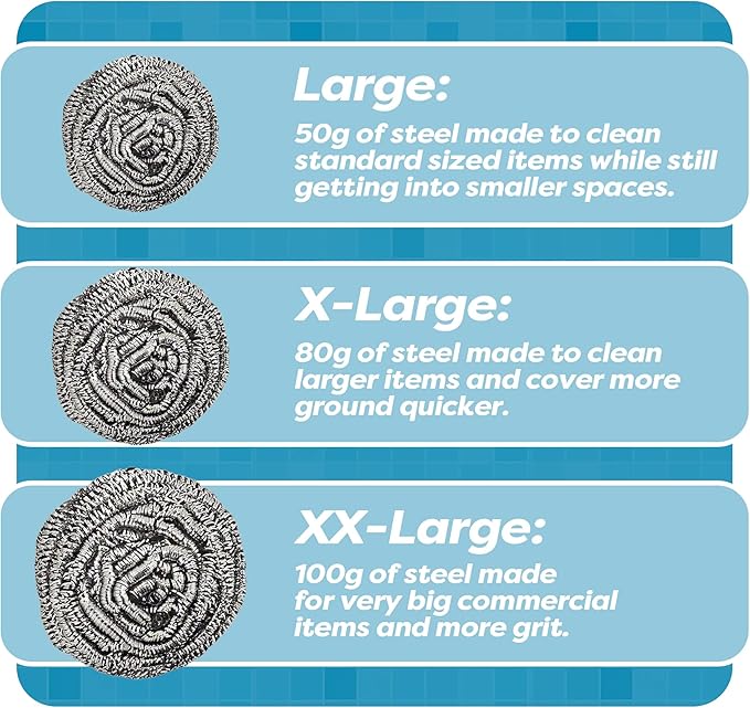 12 Pack Stainless Steel Scourers by Scrub It – Steel Wool Scrubber Pad Used for Dishes, Pots, Pans, and Ovens. Easy scouring for Tough Kitchen Cleaning. (XX Large (100 gram))