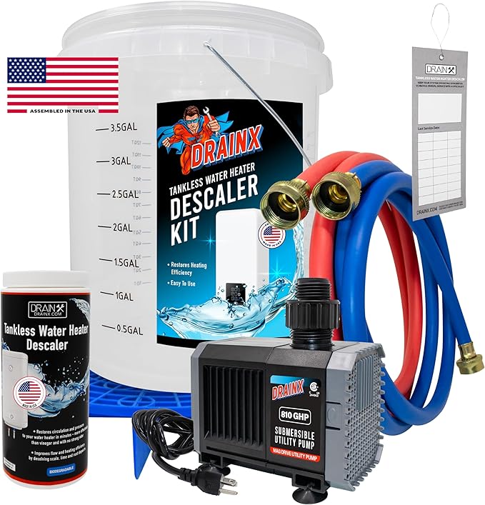DrainX Tankless Water Heater Flushing Kit with Pump, Hoses, Descaling Powder and Measuring Bucket, All in One Complete Maintenance Solution