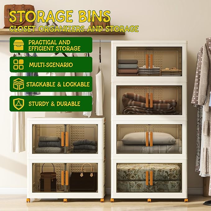4 Tier Extra Large Stackable Storage Bins with 1 Lid 155 QT/Tier, Collapsible Plastic Box Storage Bin with Wheels, Home Containers Boxes Closet Organizers for Living Room, Office, Dorm