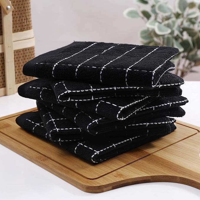 Homaxy 100% Cotton Terry Kitchen Towels(Black, 13 x 28 inches), Checkered Designed, Soft and Super Absorbent Dish Towels, 12 Pack