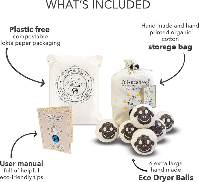 Wool Dryer Balls by Friendsheep 6 Pack XL Organic Premium Reusable Cruelty Free Handmade Fair Trade No Lint Fabric Softener Brown Sheep "Flock of Friends"