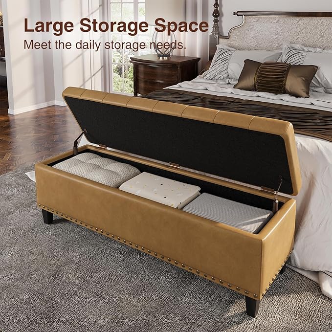 Storage Ottoman Bench, 51-Inch Large Storage Bench for Bedroom End of Bed, 30 Gallons Faux Leather Ottoman for Bedroom, Living Room, Entryway, Hallway, Camel